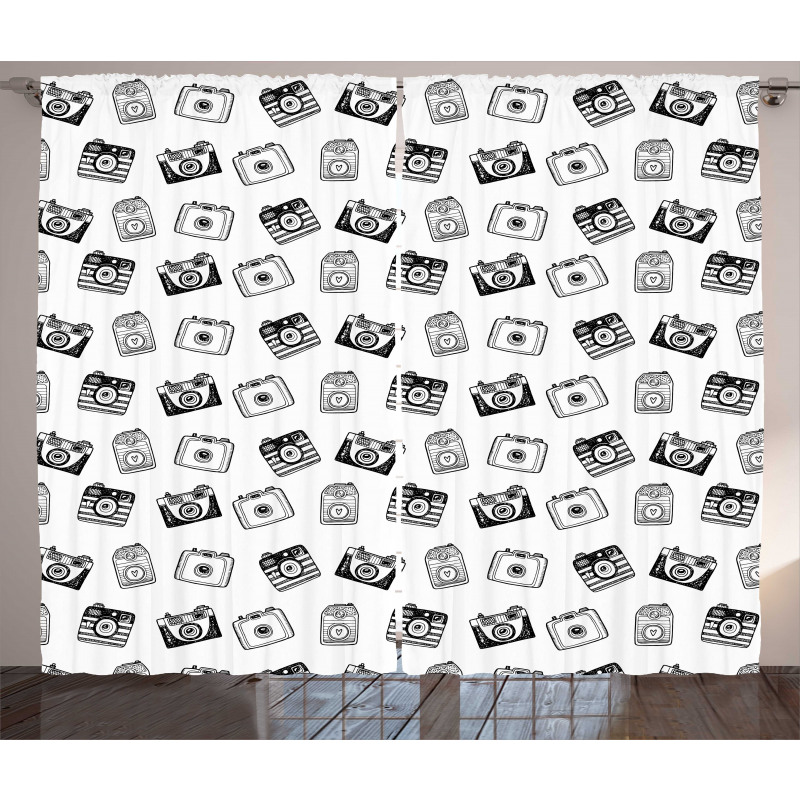 Pencil Drawn Retro Cameras Curtain