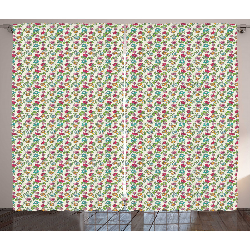 Colorful Detailed Flowers Curtain