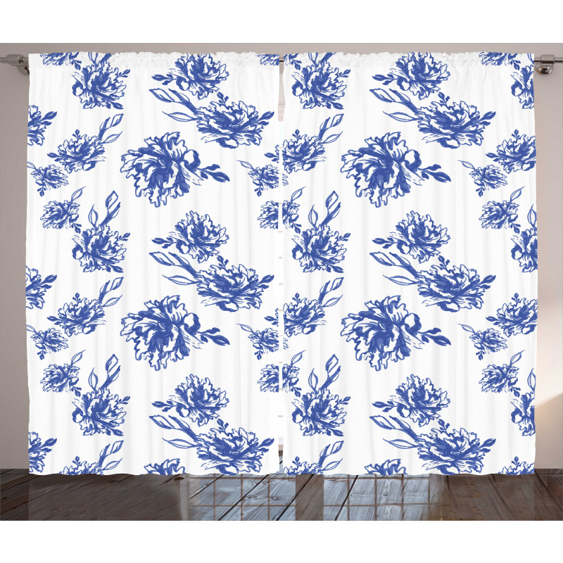 Blue Peonies Blossom Art Curtain