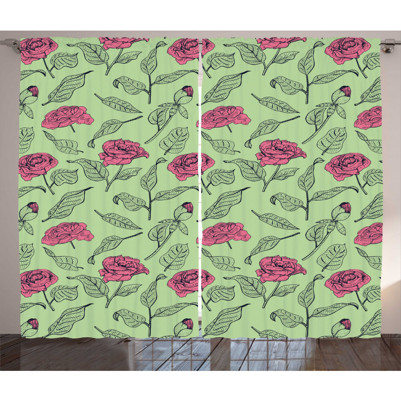 Romantic Peony Dotted Leaves Curtain