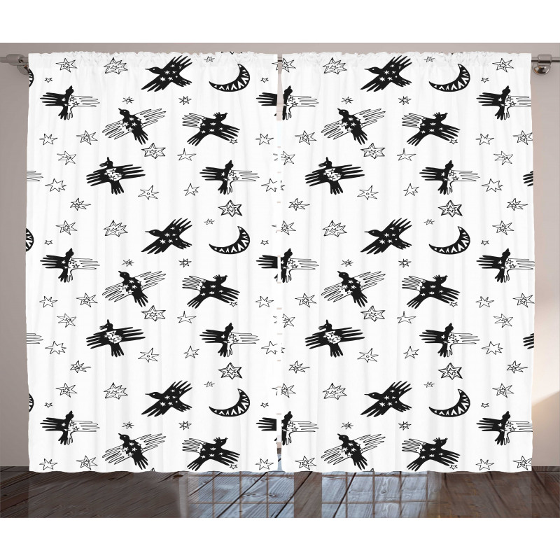 Abstract Birds Stars Crescent Curtain