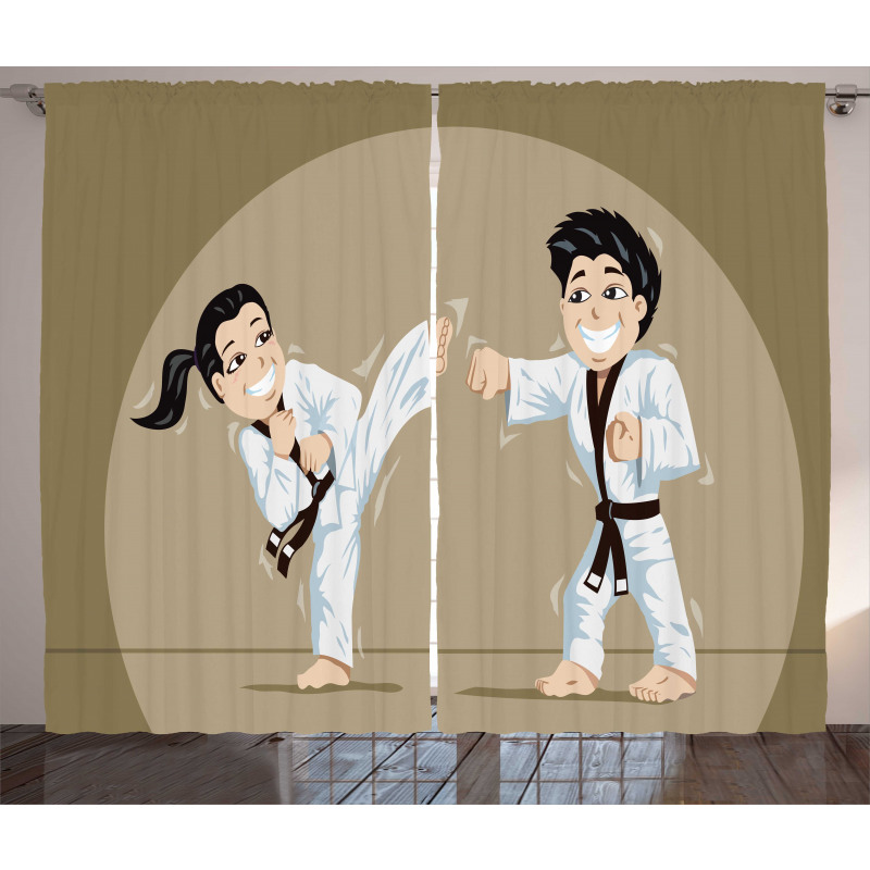Children Karate Cartoon Art Curtain