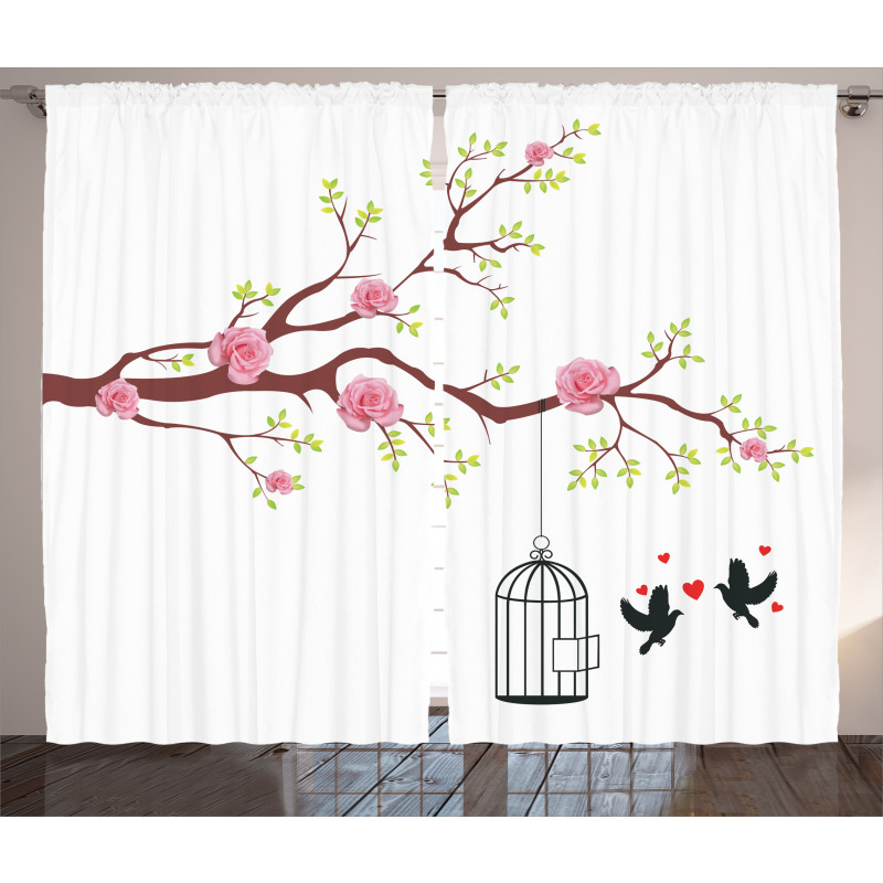 Roses Blossoms Birds Curtain