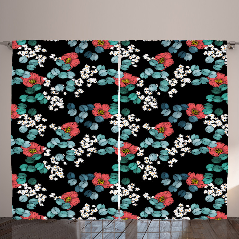 Peony Daisy and Leaves Art Curtain