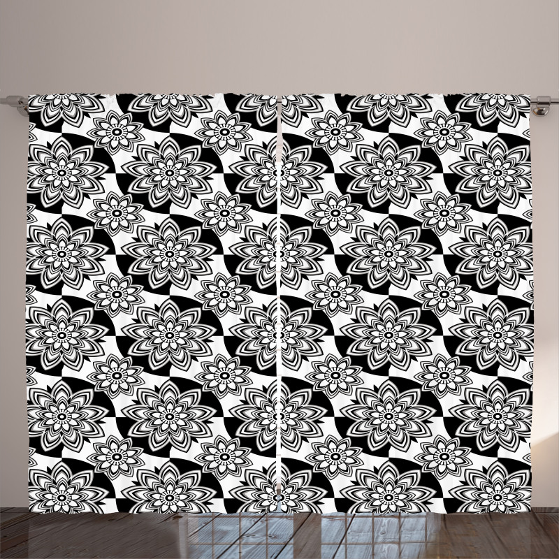 Monochrome Top View Flowers Curtain