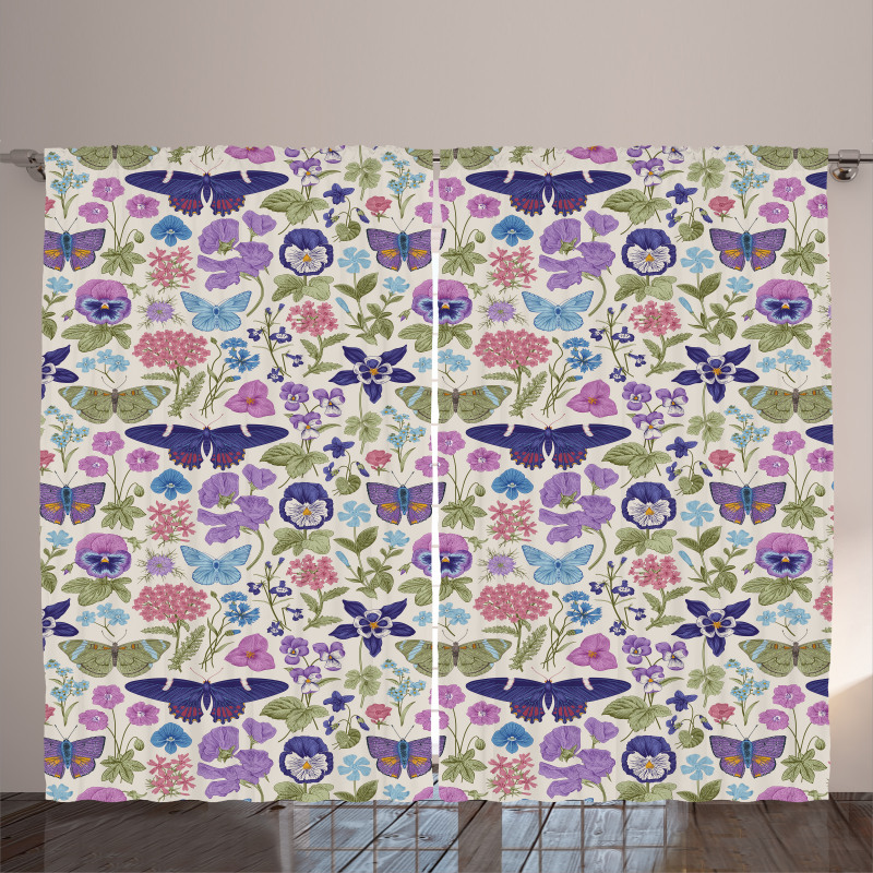 Butterfly Pansy Flower Leaf Curtain