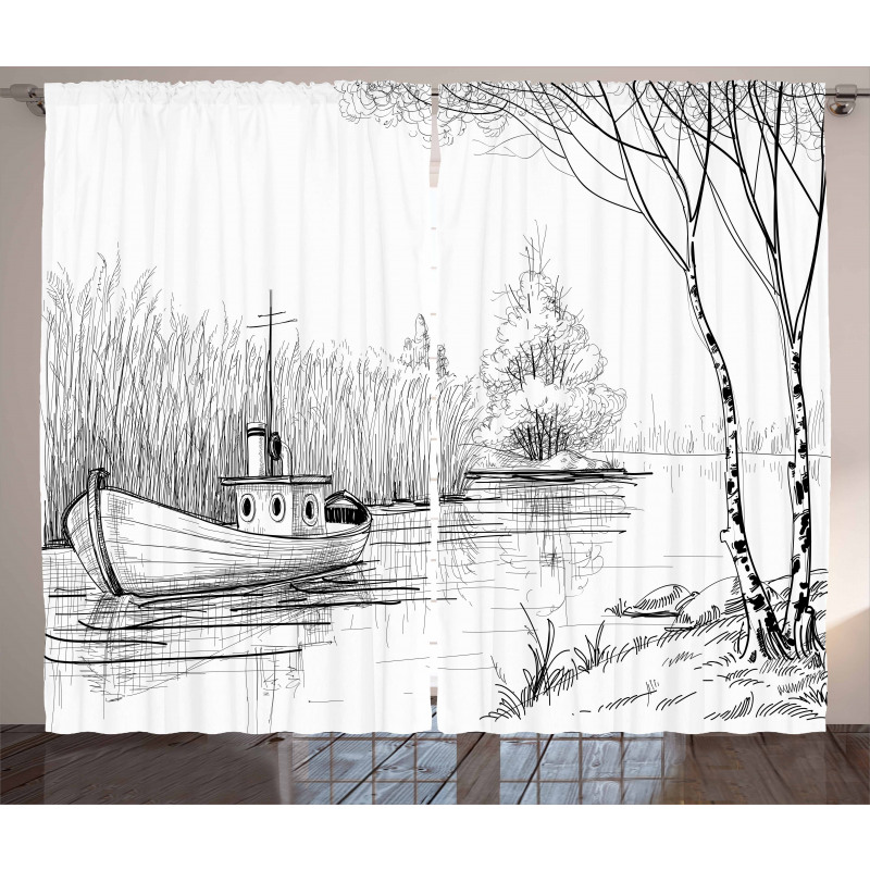 Black White Boat River Curtain