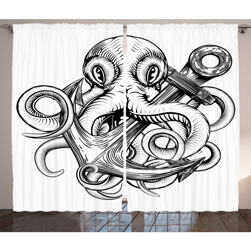 Octopus Ship Sketch Curtain