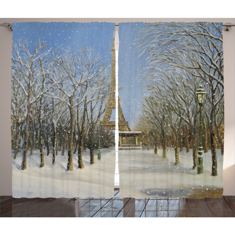 Snowy Paris City View Curtain