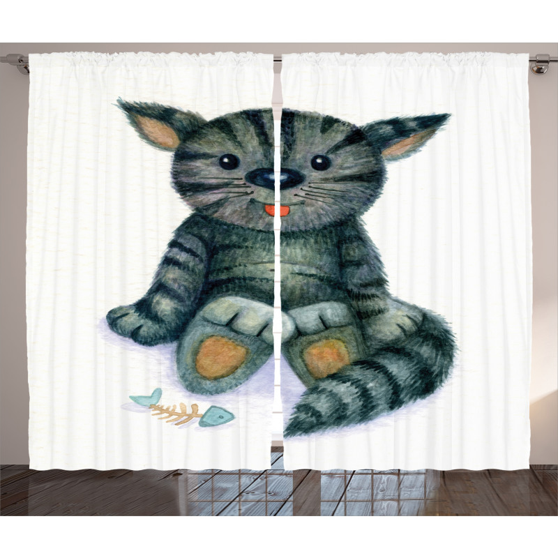 Cat Cartoon Fish Skeleton Curtain