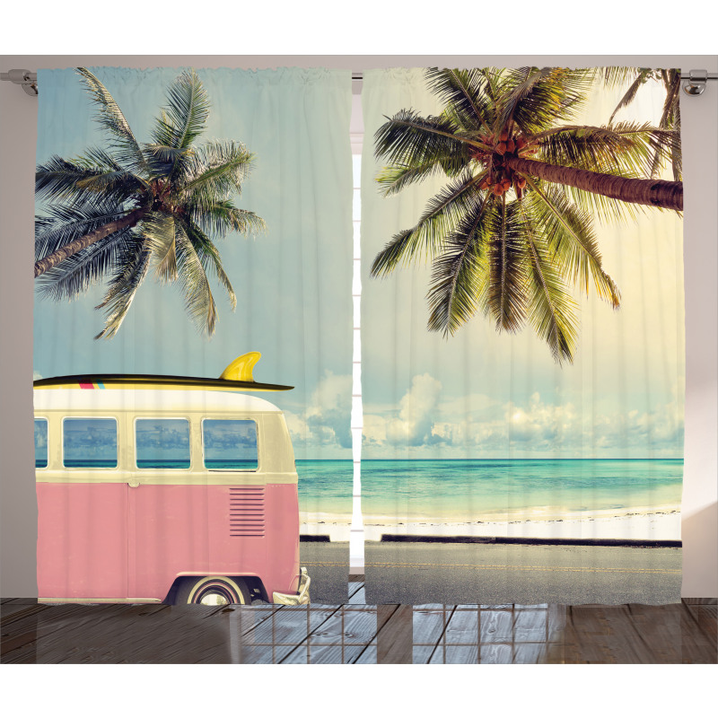 Retro Minivan on Beach Curtain