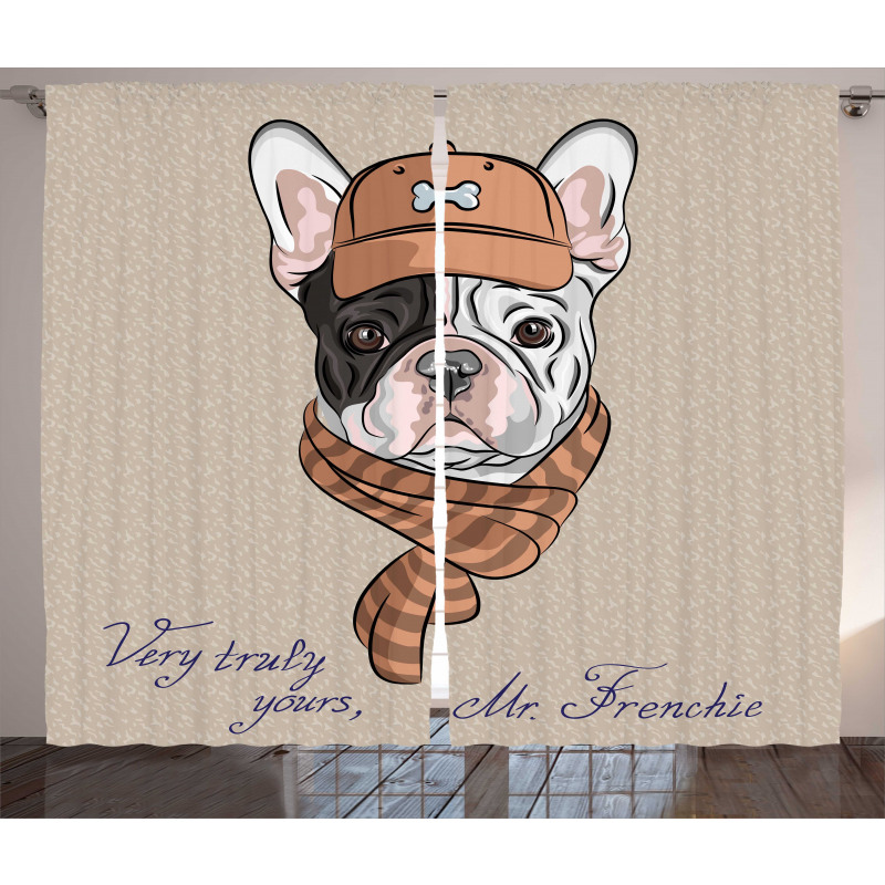 Hipster Bulldog with Cap Scarf Curtain