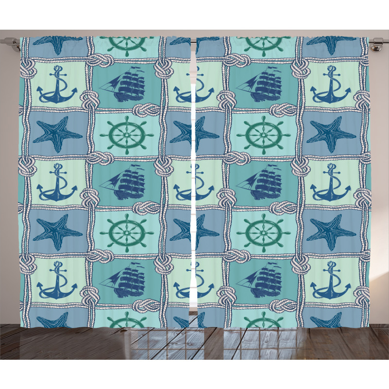 Ships Wheel Turquoise Curtain