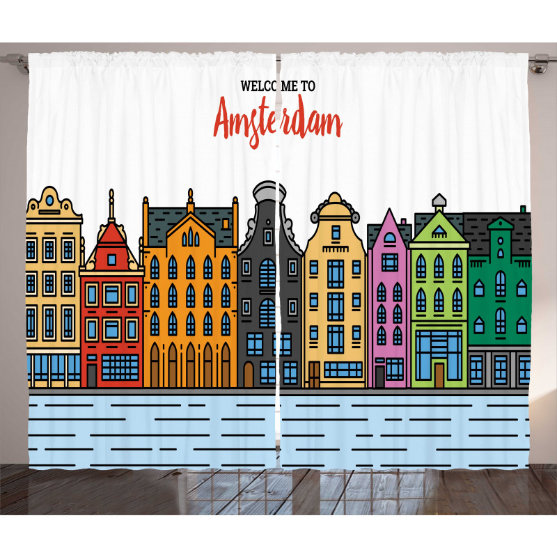 Şehir Perde Amsterdam Evleri Panoramik Grafik Çizimi