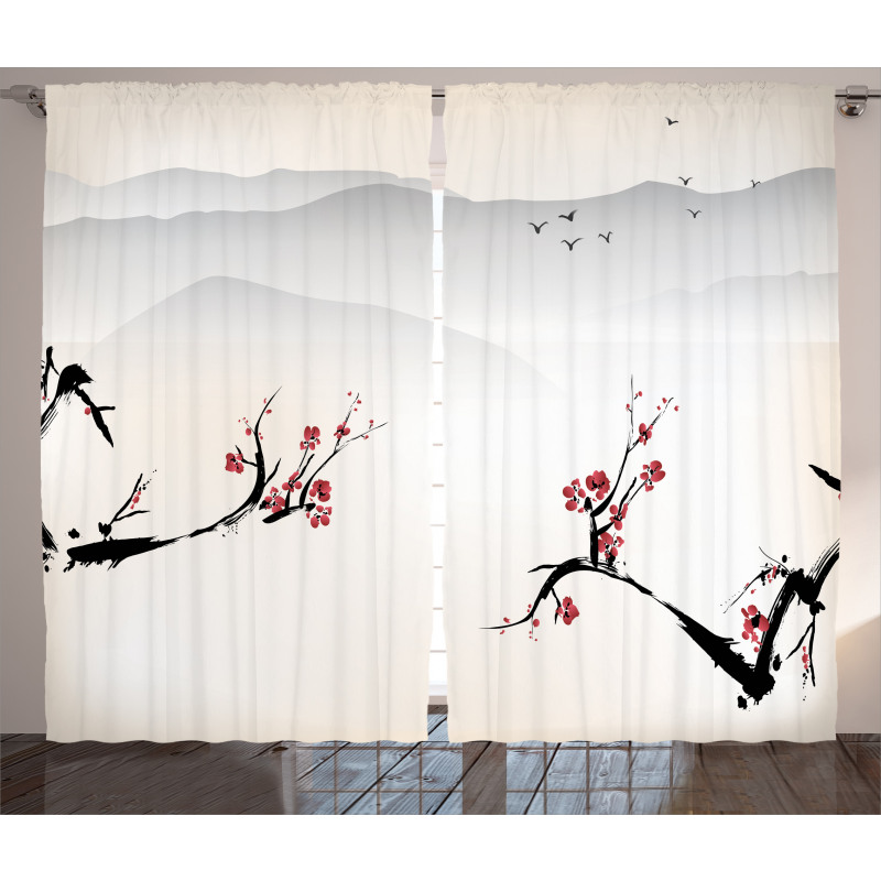 Sakura Flower and Gulls Curtain
