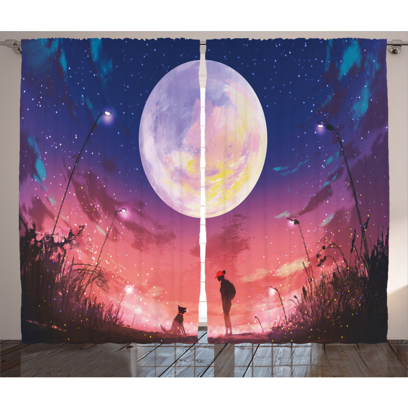 Dog Under Huge Moon Curtain