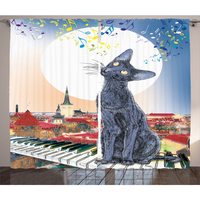 Cat on Rooftop Sunset Music Curtain