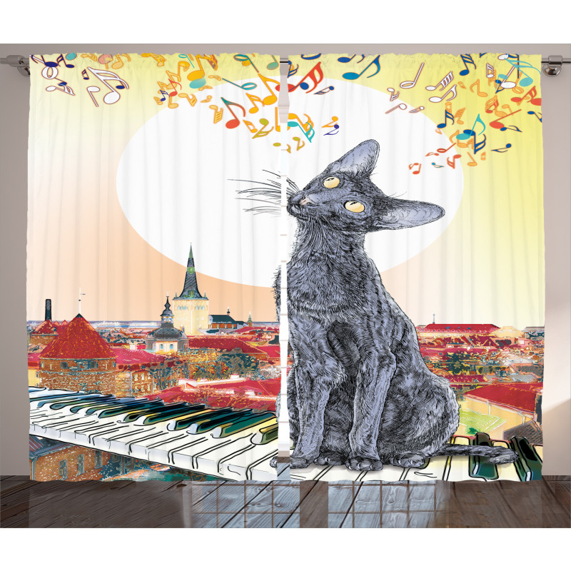 City Skyline Kitty Piano Curtain