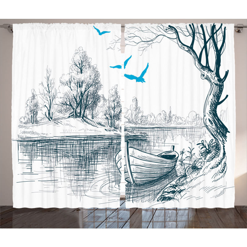 Boat on River Drawing Curtain