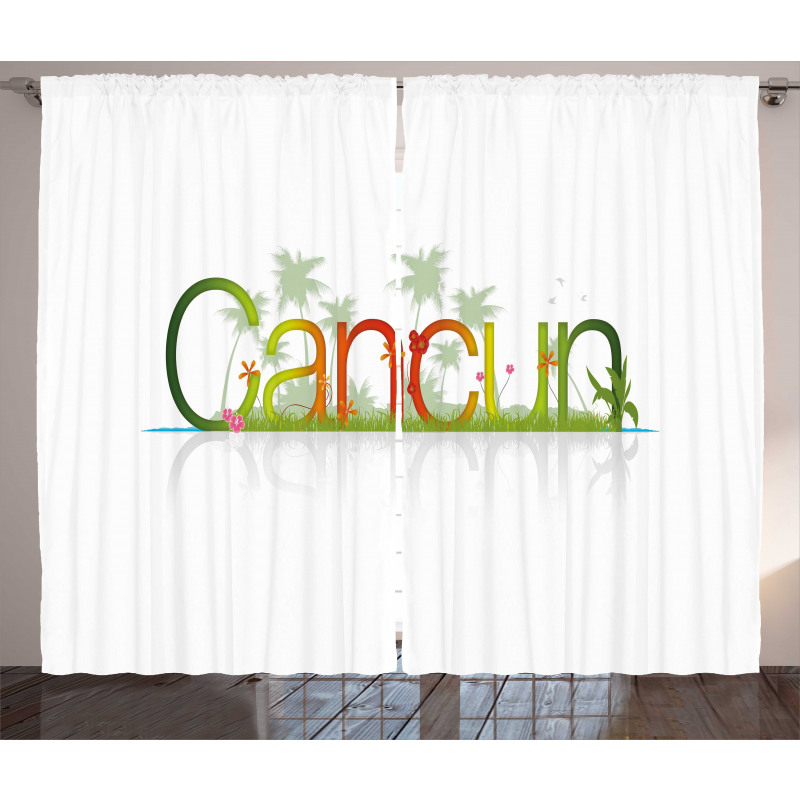 Cancun Perde Grafik Yazılı Çiçekli Konsept Düz Arka Plan