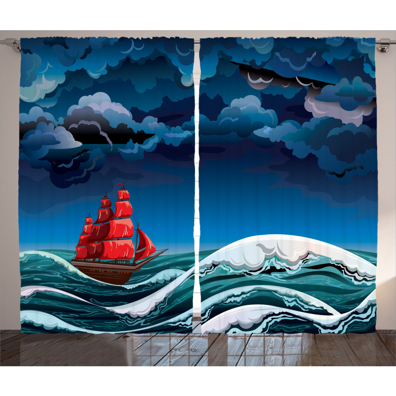 Cartoon Ship on Waves Curtain