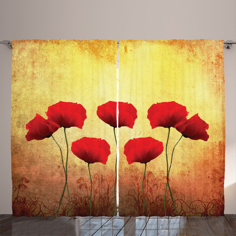 Retro Poppy Flowers Curtain