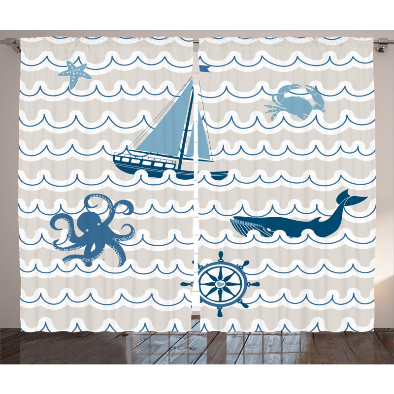 Cartoon Ship Whale Waves Curtain