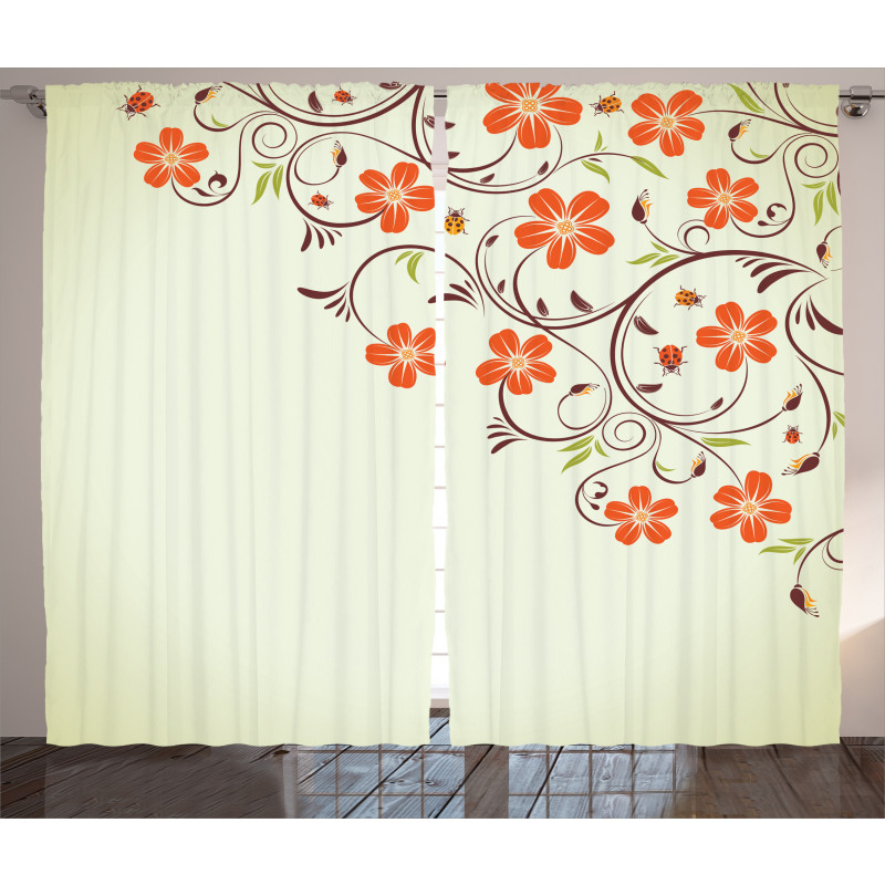 Ladybugs Flowers Spring Curtain