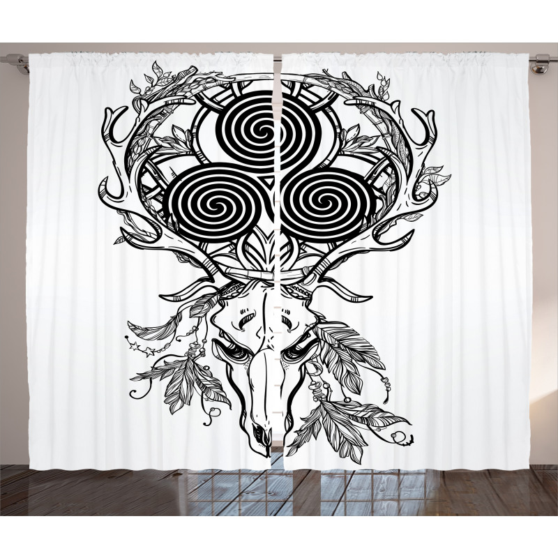 Deer Skull Feather Boho Curtain