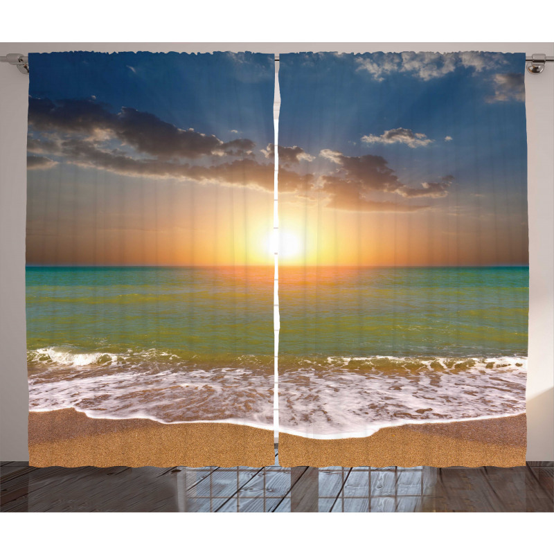 Sandy Beach Waves Sunset Curtain