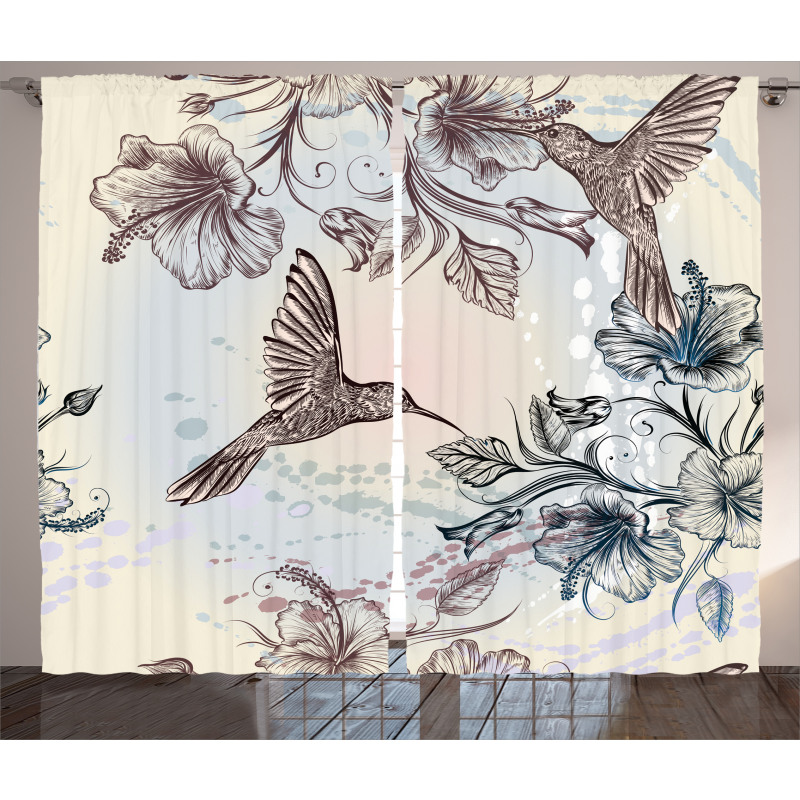 Birds Hibiscus Flowers Curtain