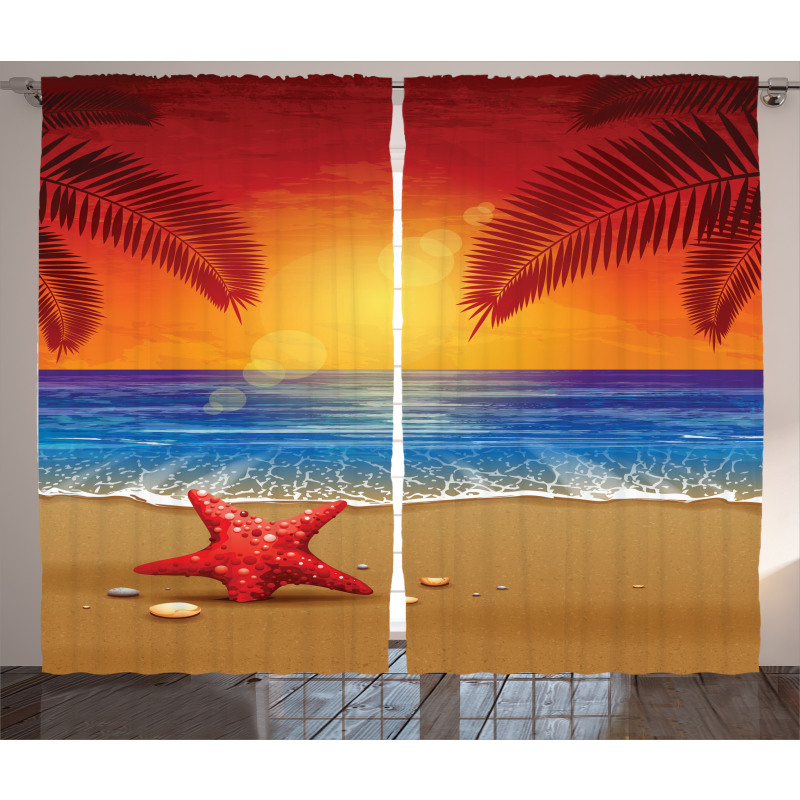Cartoon Ocean Beach Palm Curtain