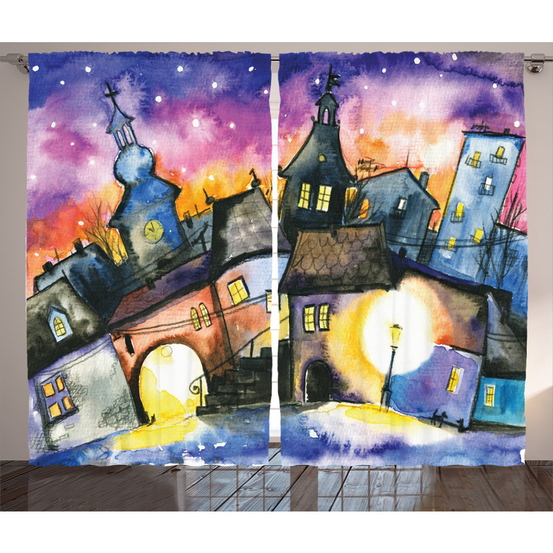 Town Night Watercolor Curtain