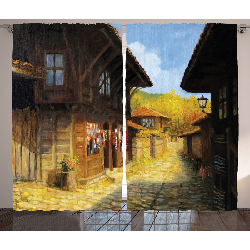 Wooden Houses in Fall Curtain