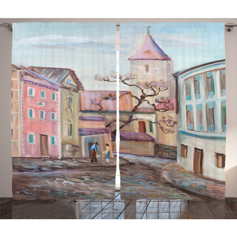 Watercolor Effect Town Curtain