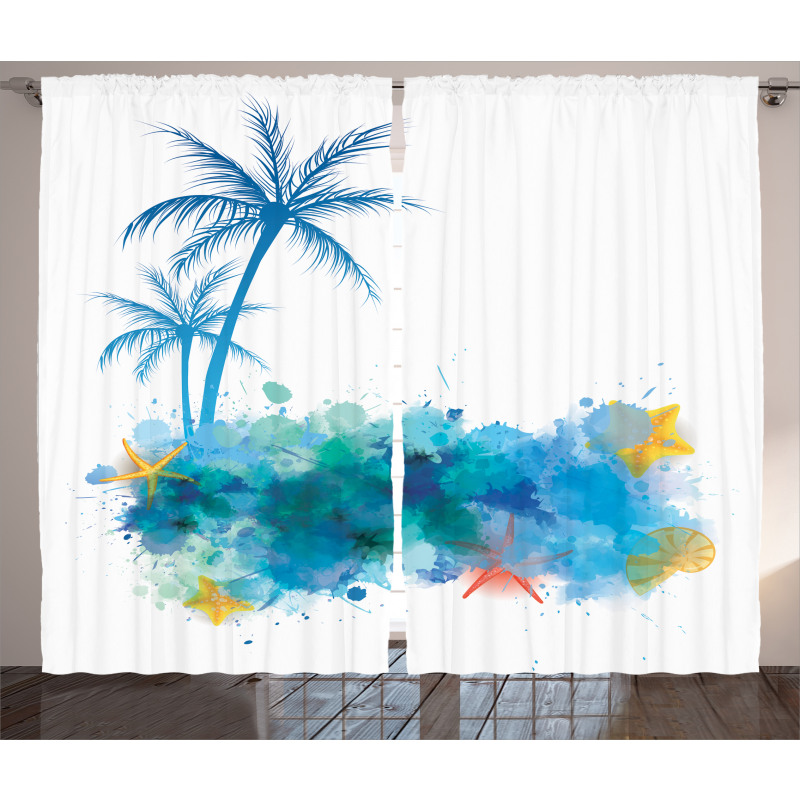 Seashells Blue Palm Art Curtain