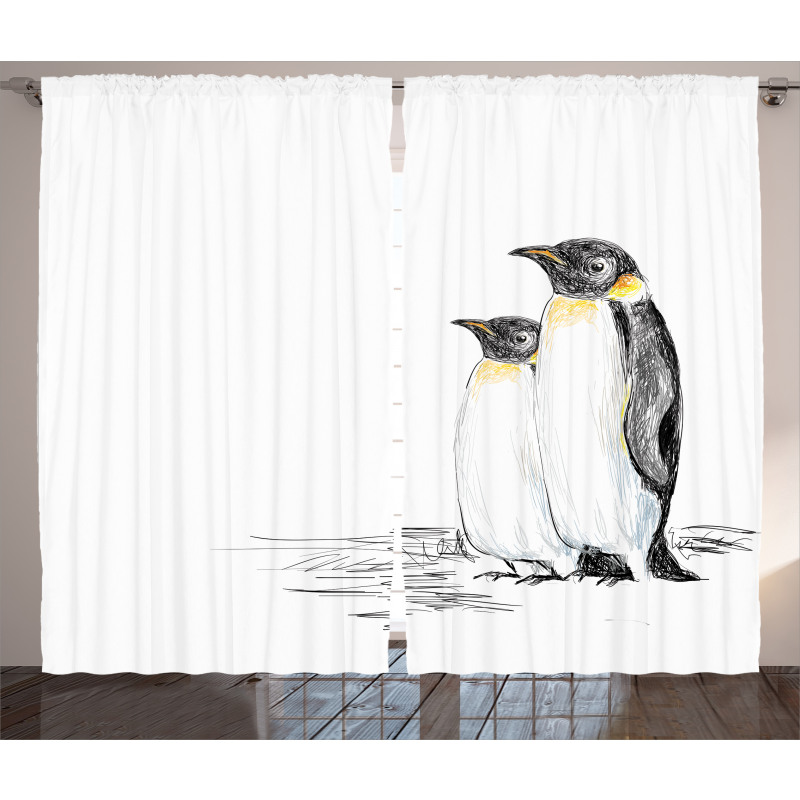 Hand Drawn Penguins Art Curtain