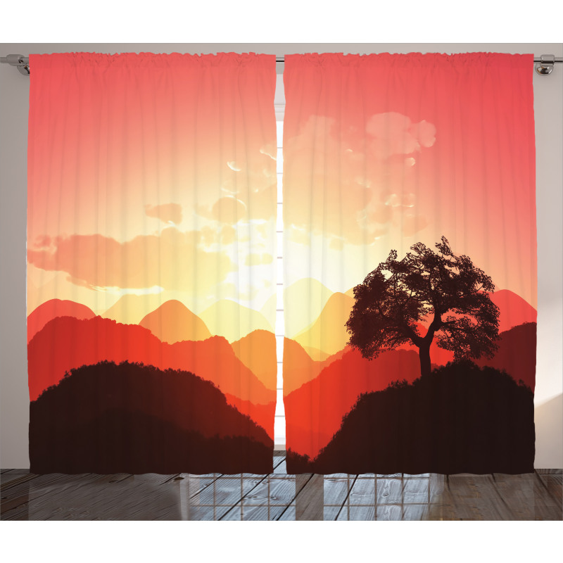 Sunset Tree Mountains Curtain