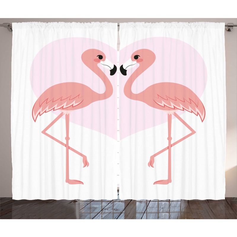 Romantik Perde Pembe Kalpli Arka Planda 2 Flamingo Motifi