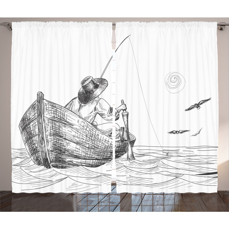 Fisherman on Boat Sketch Curtain