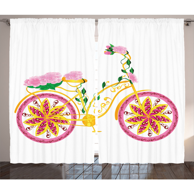 Pink Bike Floral Ornament Curtain