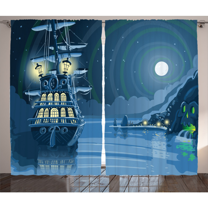 Cartoon Pirate Ship Moon Curtain