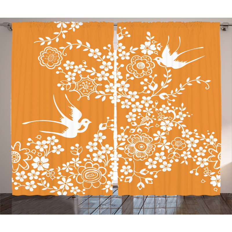 Japanese Tree Birds Art Curtain