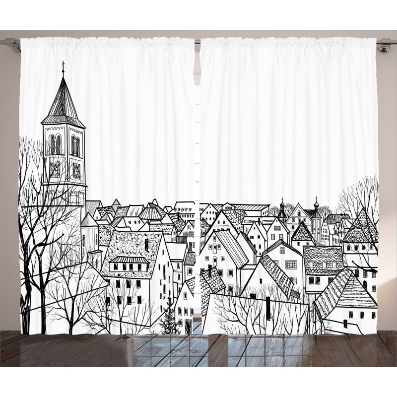 Sketch Style Cityscape Curtain
