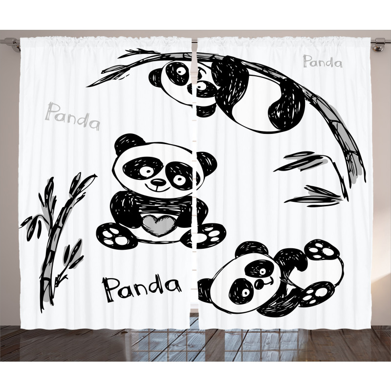 Hand Drawn Panda Poses Curtain