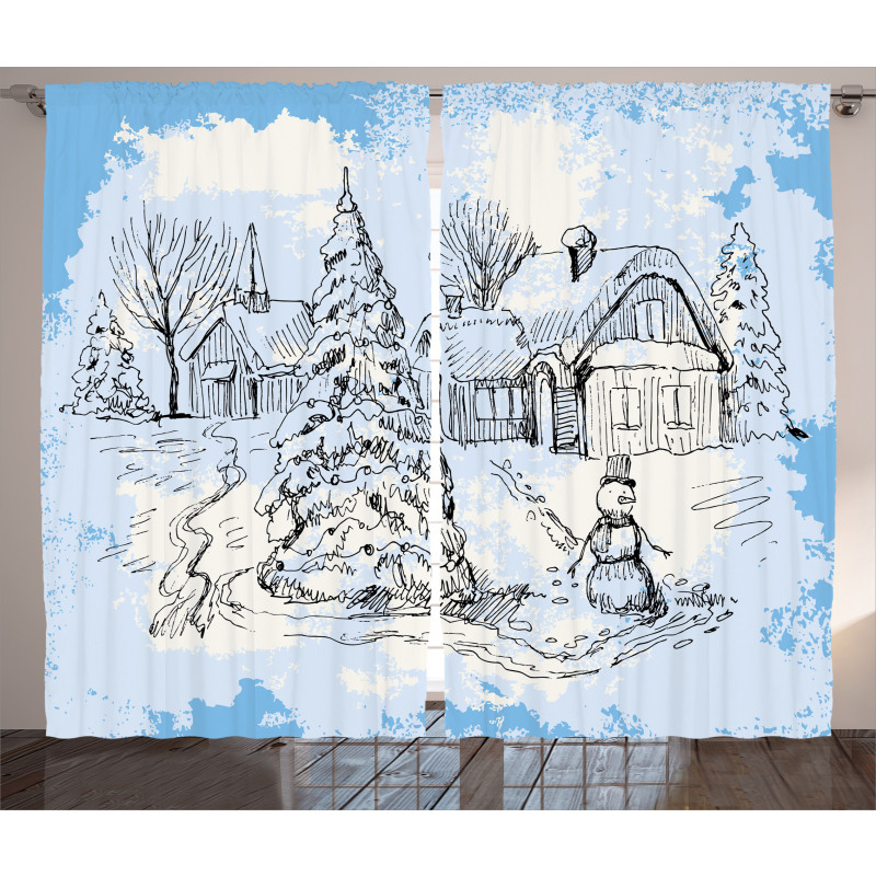 Sketchy Cold Snowy Scene Curtain