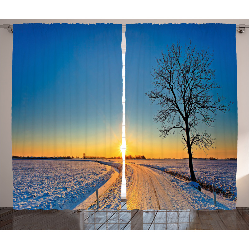 Winter Sunset Scene Tree Curtain