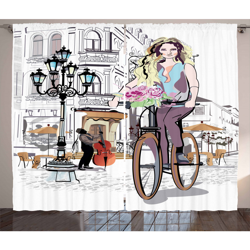 Lady Rides Bicycle Roses Curtain