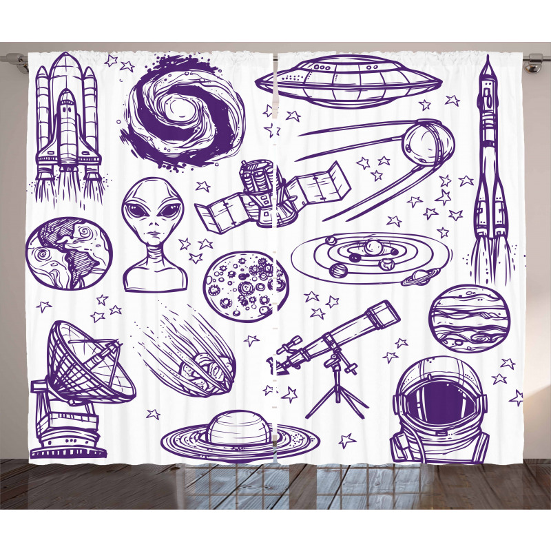 Sketch Alien Planet Art Curtain