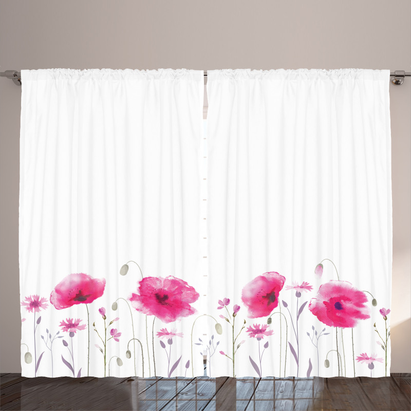 Pink Poppy Flowers Art Curtain